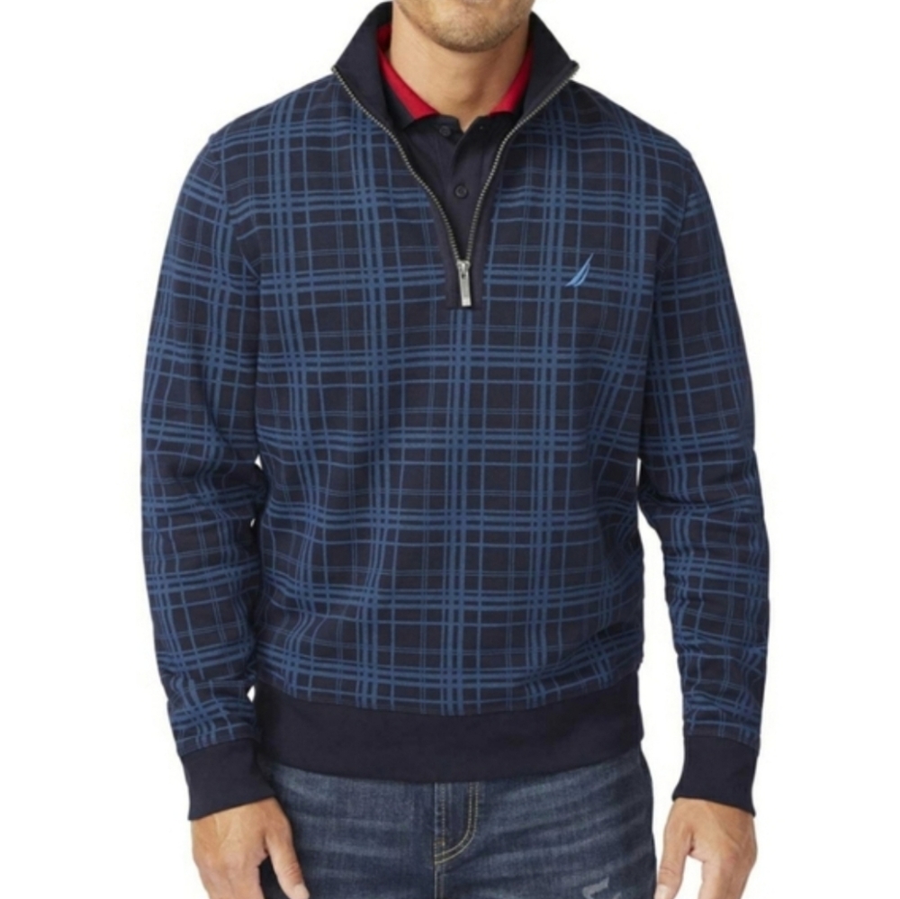 Nautica Quarter Zip Plaid Fleece Pullover Mens Large New